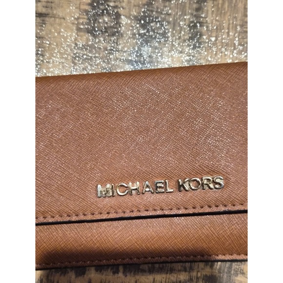 Michael Kors Jet Set Travel Slim Trifold Wallet Brown Saffiano Leather Gold Tone - Picture 3 of 6